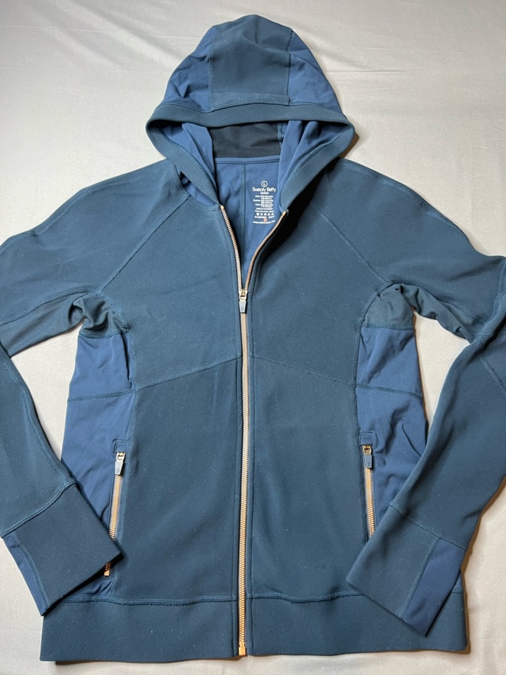Sweaty Betty London Navy Zip-Up Hooded Jacket | Size L | Luxe Performance
